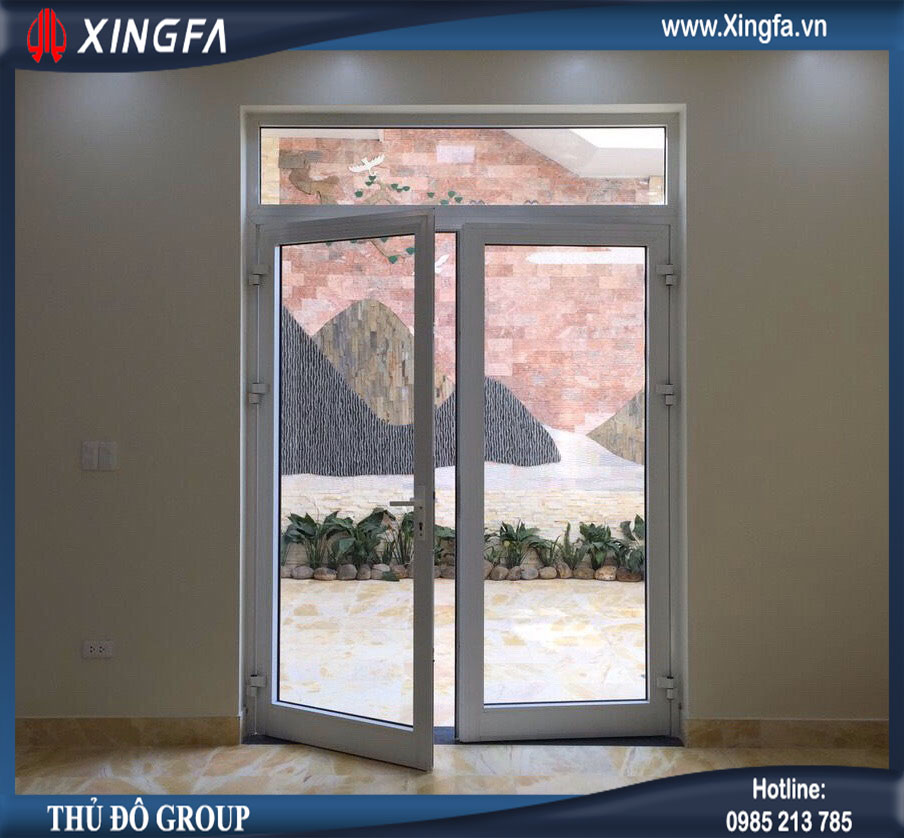 Mẫu cửa đi nhôm Xingfa mở quay 2 cánh & cửa đi mở quay 2 cánh + 2 fix cố định ở 2 bên