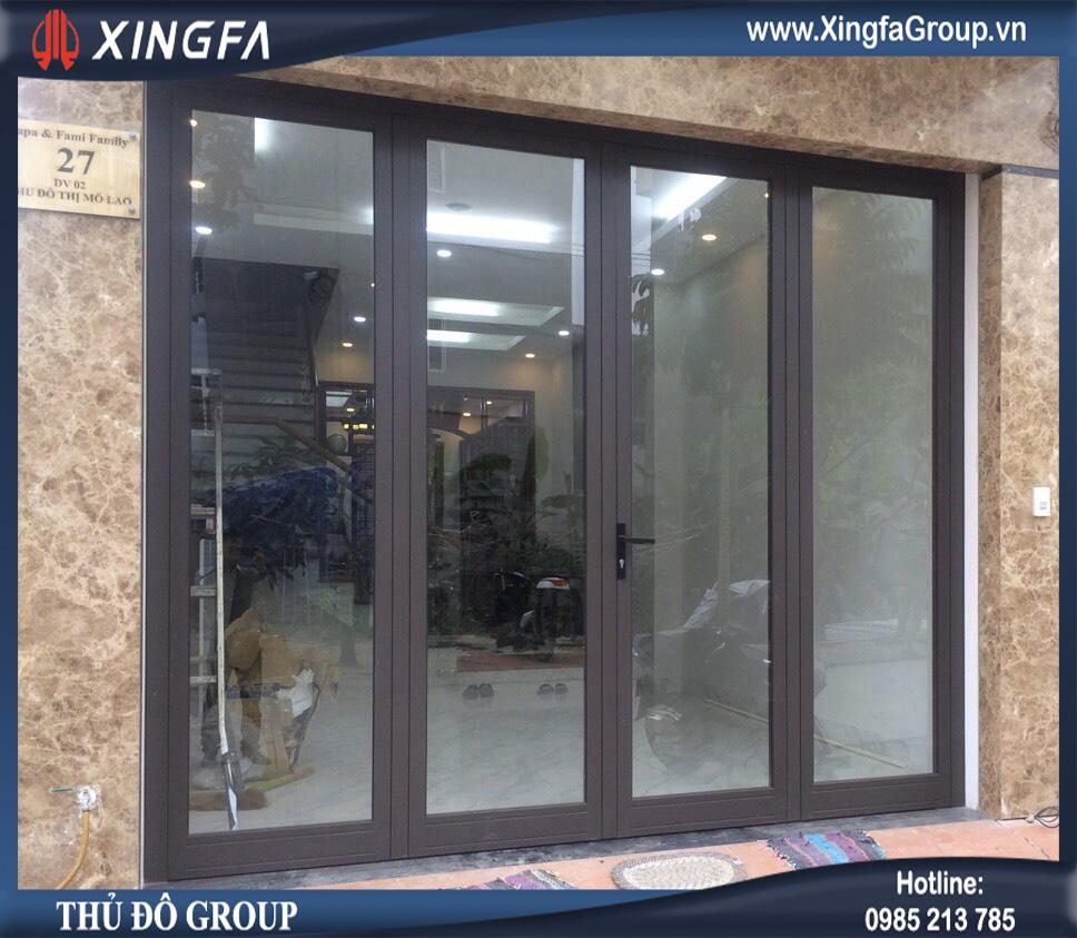 Mẫu cửa đi nhôm Xingfa mở quay 4 cánh & mở quay 4 cánh chia thêm ô fix bên trên