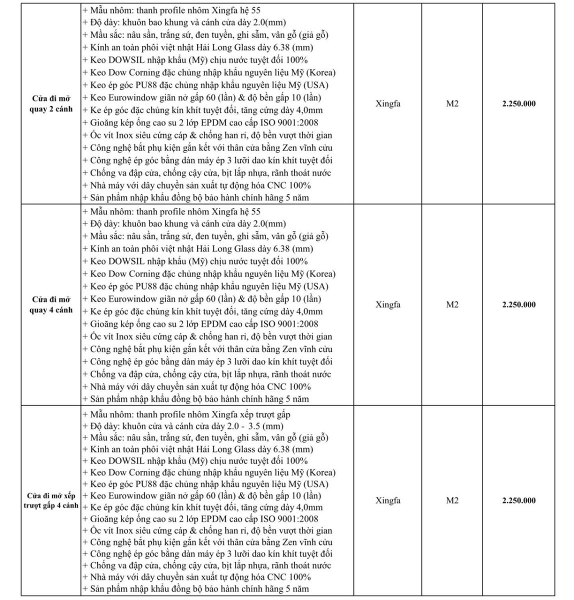 Báo giá cửa nhôm kính Xingfa nhập khẩu chính hãng