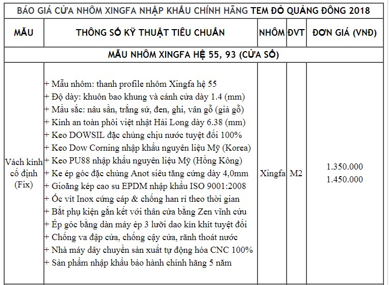Công bô bảng báo giá chi tiết về nhôm Xingfa nhập khẩu Quý 1-2019 Công bô bảng báo giá chi tiết về nhôm Xingfa nhập khẩu Quý 1-2019
